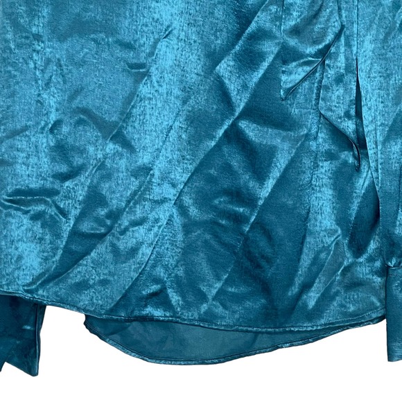 Worthington Satin Texas Teal Draped Textured Blouse Hi Neck Bow‎ Women PXXL NWT - Picture 4 of 8